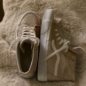 NWOB Vans Women's Gold Sparkling High-Top Sneakers - Gold and White-Size 10.5